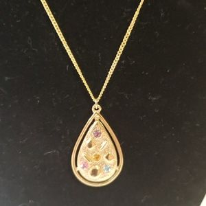 Vintage Sarah Coventry textured multi stone, gold tone pendant on chain